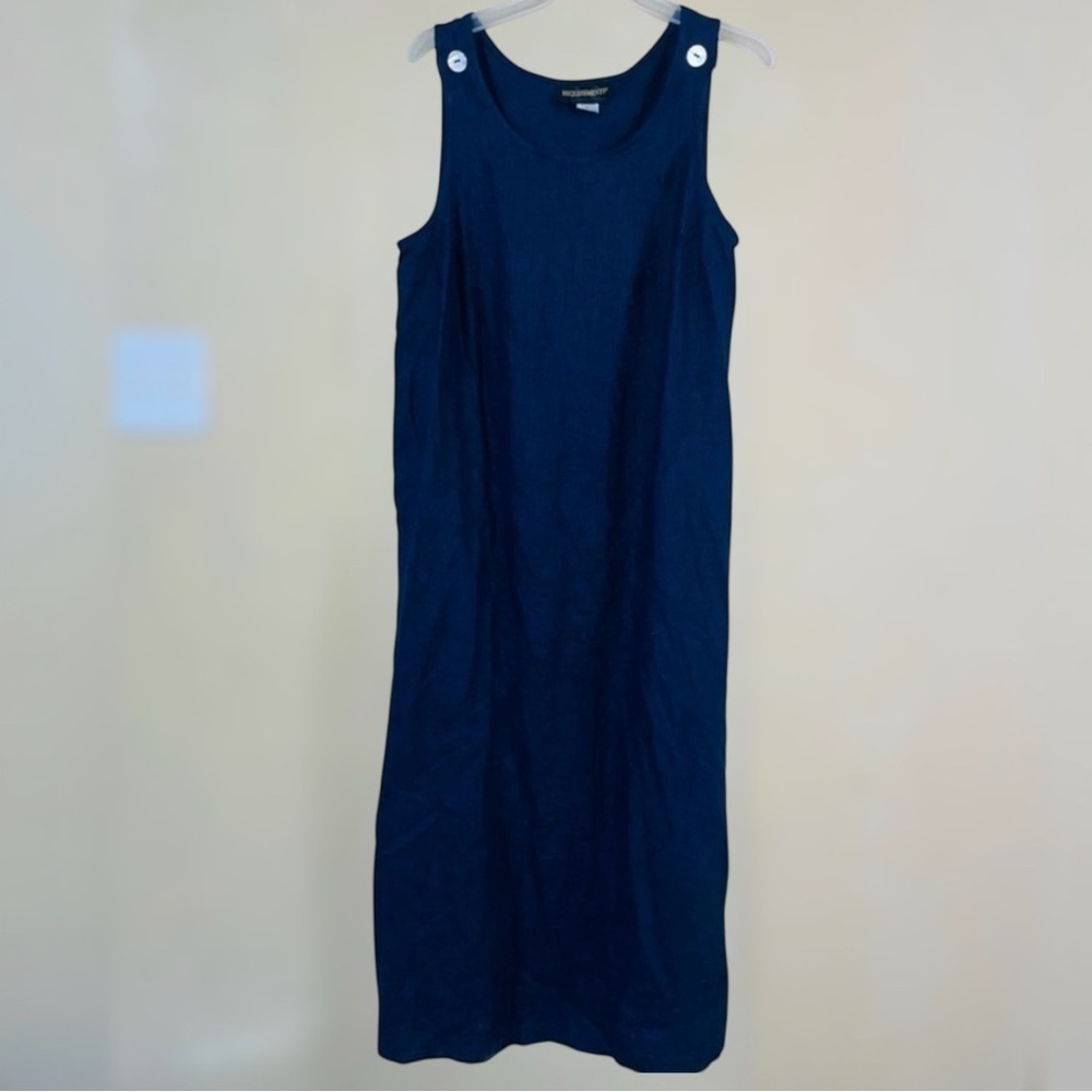 Navy Blue Women’s Linen Maxi Dress Large Minimalist Vintage Shift Dress